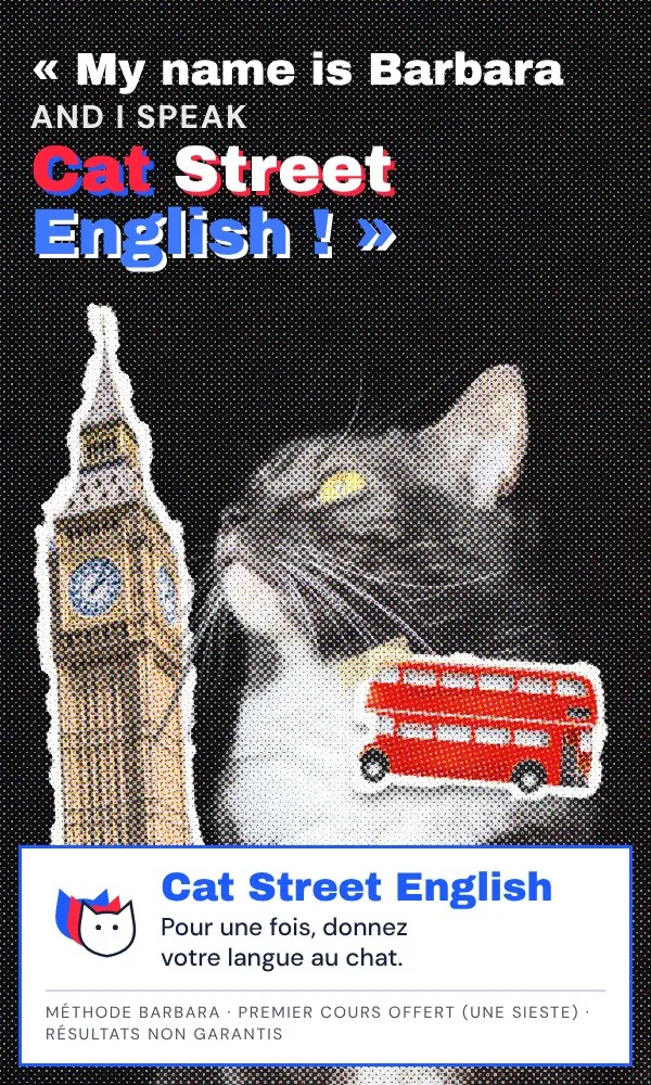 Publicité parodique : Barbara, une chatte, regarde vers le ciel, entre un Big Ben et un bus rouge découpés et collés. « My name is Barbara and I speak Cat Street English ! » Cat Street English : pour une fois, donnez votre langue au chat. Méthode Barbara, premier cours offert (une sieste), résultats non garantis.